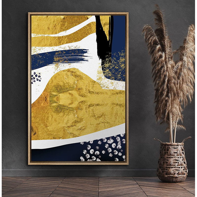 Or, bleu marine, coups de pinceau encadrés sur toile, Naturel, H 24 po x l 16 po x P 1,5 po