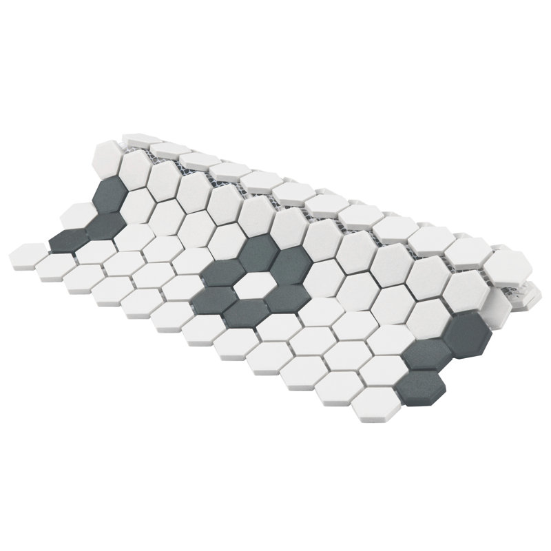 Gotham 1" Hex White with Black Flower 10-1/4" x 11-3/4" Porcelain Mosaic Tile