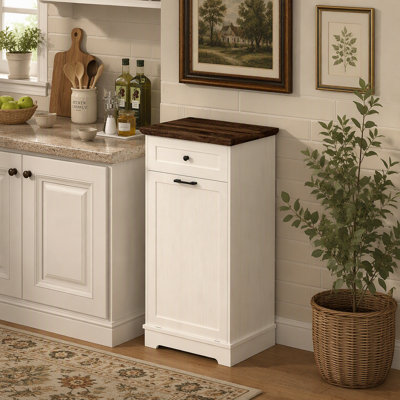 13 Gallon Tilt Out Trash Cabinet Freestanding Trash Bin Cabinet Wood Garbage Recycling Cabinet with Drawer Pet Proof Trash Can Holder for Kitchen Living Room, Antique White (Not include trash can)