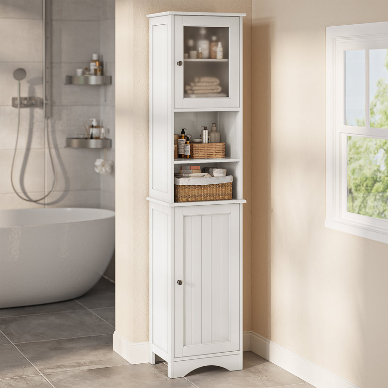 Freestanding Linen Cabinet – Tall Bathroom Storage with 2 Doors, 2 Open Compartments & Adjustable Shelves, White