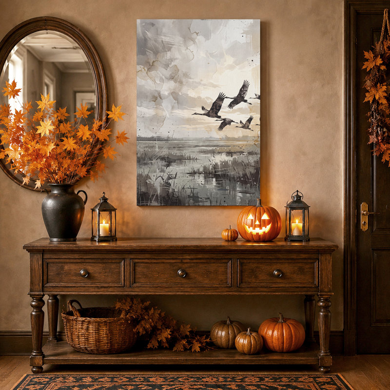 Grues volant au-dessus des marais, toile murale d'Halloween beige et grise, 30"H x 20"W