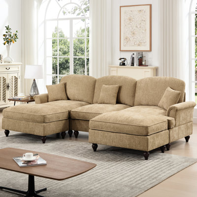 Chenille 3 - Seat U Shape With Spindle Legs, Movable Ottomans, And High Density Foam Padding Classic Comfy Sectional Couch Flared Arms, Removable Ruff