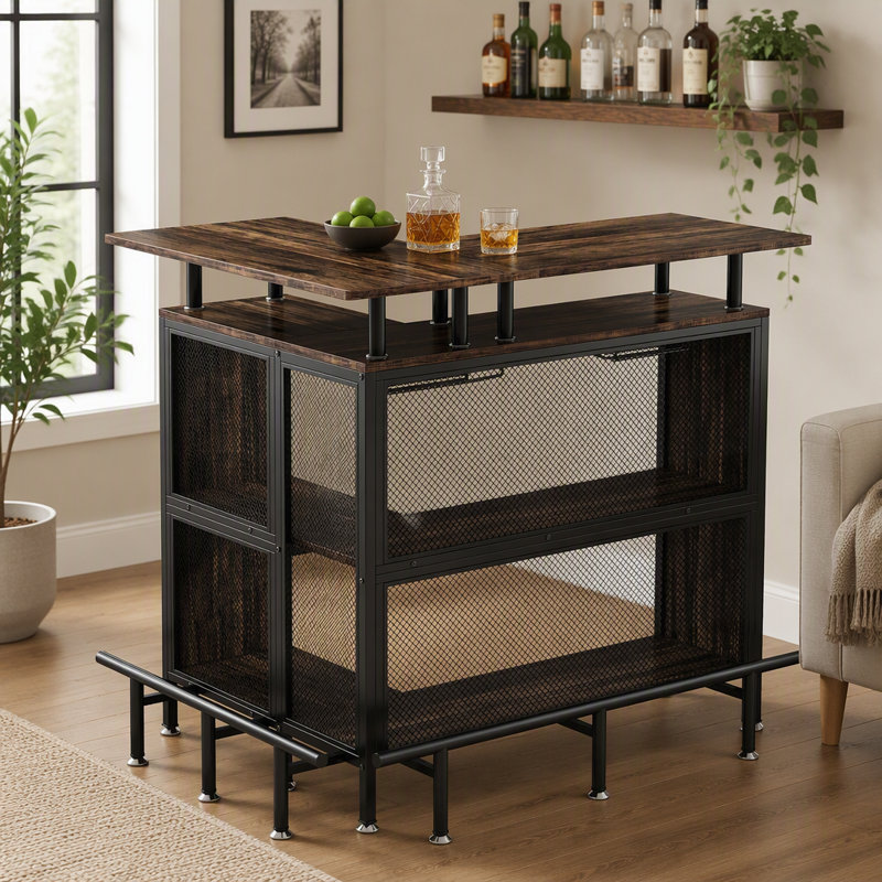 Table de bar en forme de L avec porte-verres et tablettes