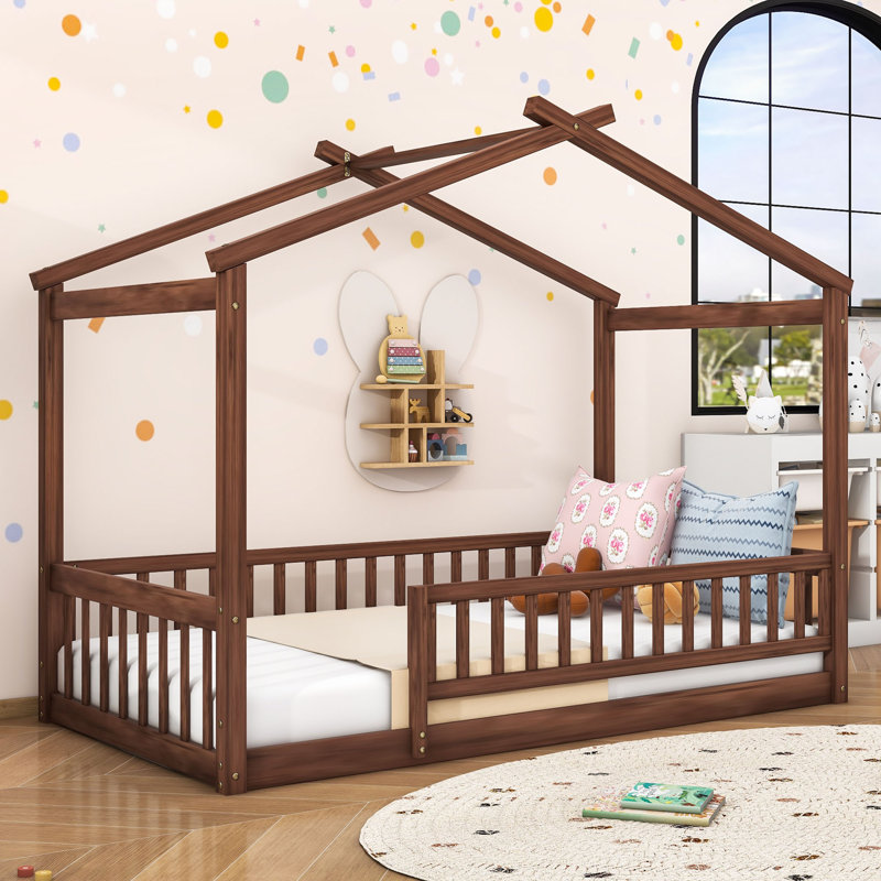 Akeiba Wood Bed House Bed Frame with Fence, for Kids, Teens, Walnut, Twin