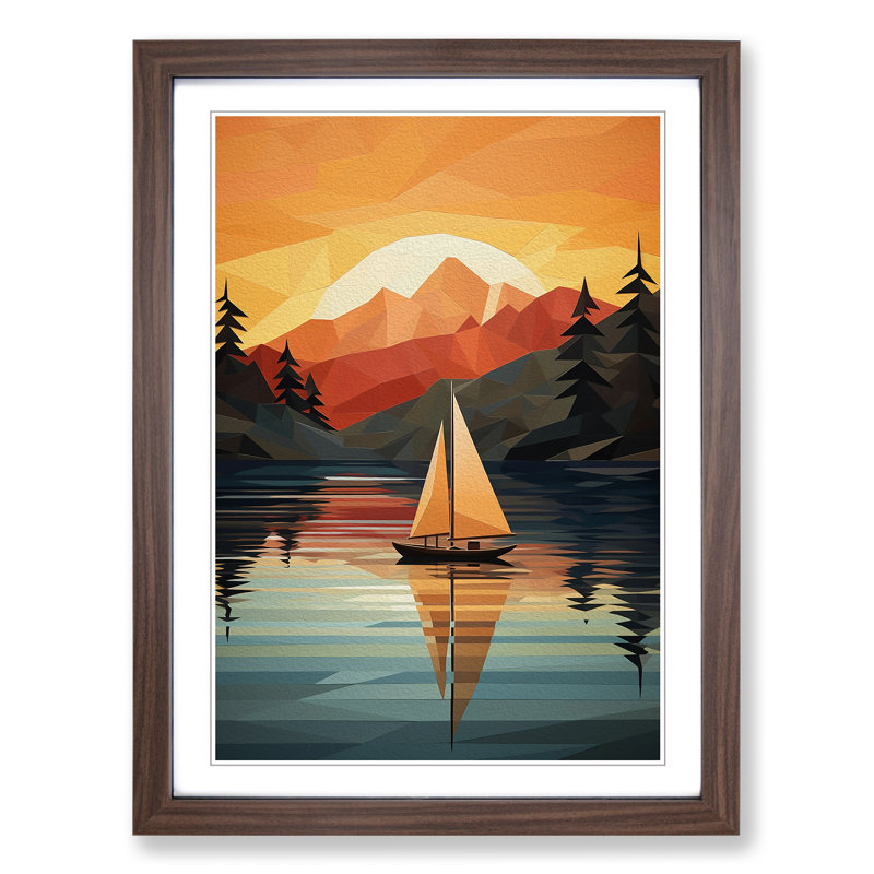 Boat On A Lake Geometric - Single Picture Frame Print on Wood, Walnut, 46cm H x 34cm W x 2cm D
