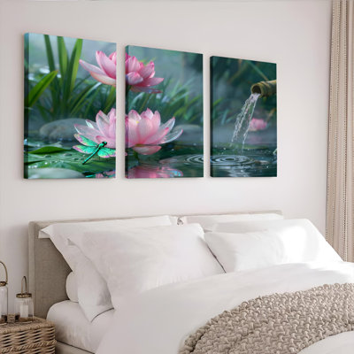 Lotus Flowers Dragonfly and Bamboo Waterfall Canvas Wrapped Wall Art Oil Painting Print Set of 3