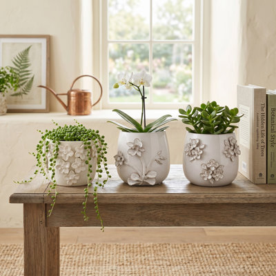 Set Of 3 Embossed Floral Round Ceramic Outdoor Planters For Patio And Living Room Decor - Decorative Indoor Flower Pots For Home Garden Display - Ivory