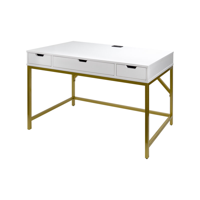 Bureau avec prises intégrées, Blanc / or