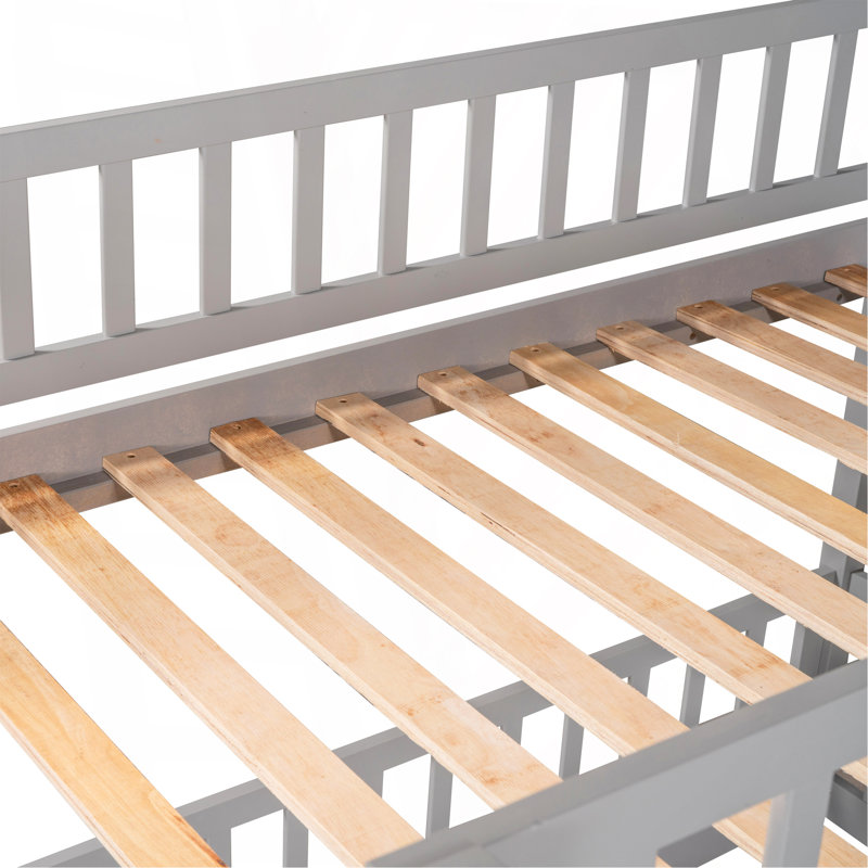 Bunk Bed With Slide,Twin Over Twin Low Bunk Bed With Fence And Ladder For  Kids Teens Grey, Gray