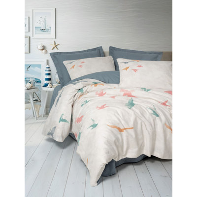 Ensemble de housse de couette simple 100% coton Ranforce, bleu | Comprend une housse de couette 63 x 87, un drap plat 63 x 94 et une taie d'oreiller 20 x 28 | Impression de pigments, lavable à la machine, 145 fils, fermeture à boutons pour couette et taie d'oreiller