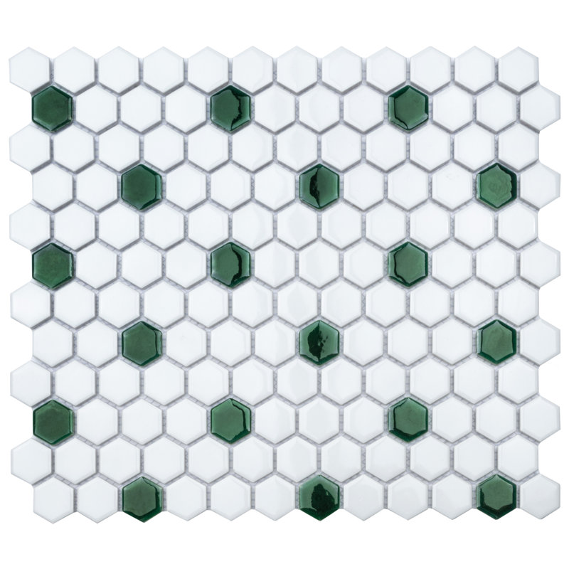 Metro Ion 1" Hex Emerald Dot Glossy White 10-1/4" x 11-7/8" Porcelain Mosaic Floor & Wall Tile