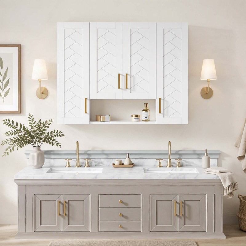 Meuble de salle de bain mural avec étagères réglables et pentures à fermeture en douceur, White(Style 2)