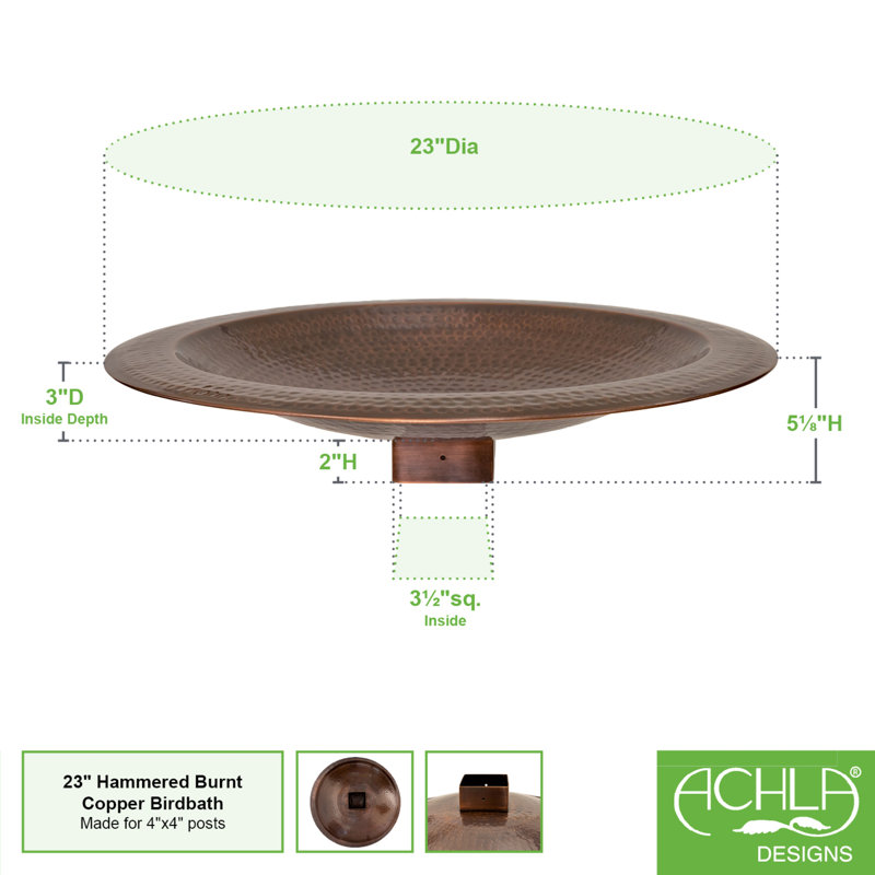 Extra Large Hammered Copper Plated Metal Bird Bath with Post Mount