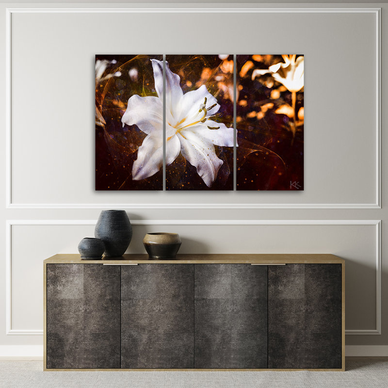 A White Lily On A Brown Background - 3 Piece No Frame Print on Canvas