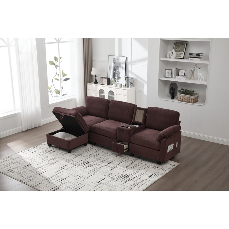 UNITED WE WIN L-Type Multifunctional Corduroy Sofa: 4-Seater Segmented Design With Cup Holder/USB Interface/Storage Box, Equipped With Movable Console+Ottoman Style Storage Space, Optimized For Apt.