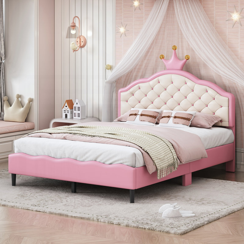 Lit princesse pleine grandeur en similicuir avec tête de lit capitonnée, rose et crème, Double