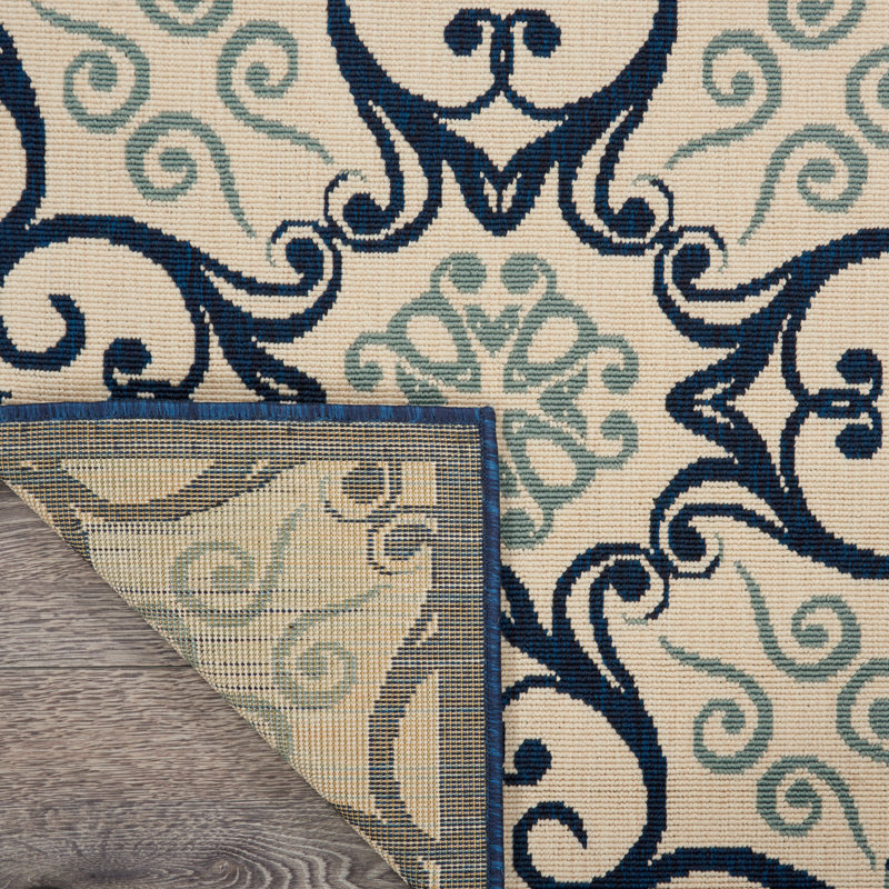 Lewis Damask Ivory/Navy Indoor/Outdoor Area Rug, Rectangle 5'3" x 7'5"