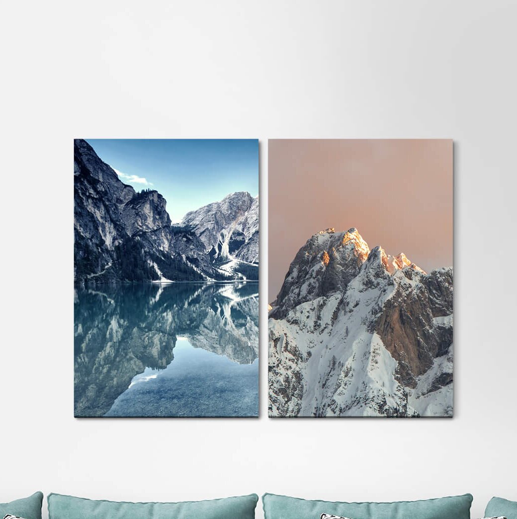 2-tlg. Leinwandbilder-Set - Grafikdruck "Berggipfel Schneegipfel Gebirge Himalaya Sonnenstrahlen Schnee Winter"