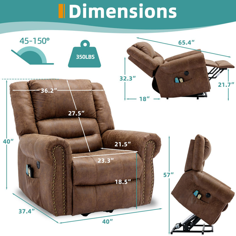Rushun Upholstered Lift Assist Power Recliner, Brown