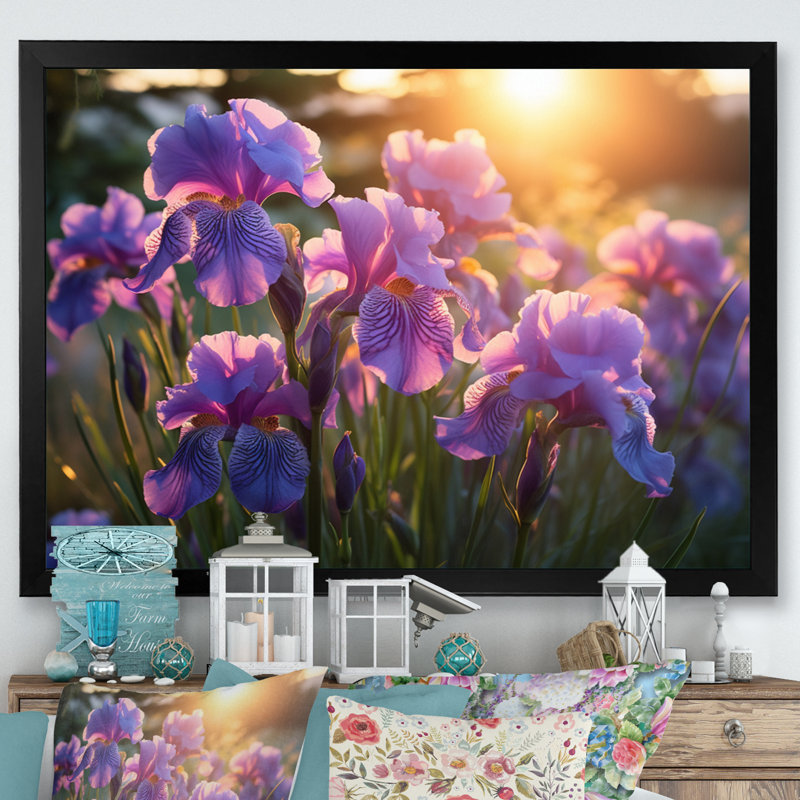Champ d'iris mauve avec coucher de soleil III, Cadre simple noir, H 12 po x l 20 po x P 1 po