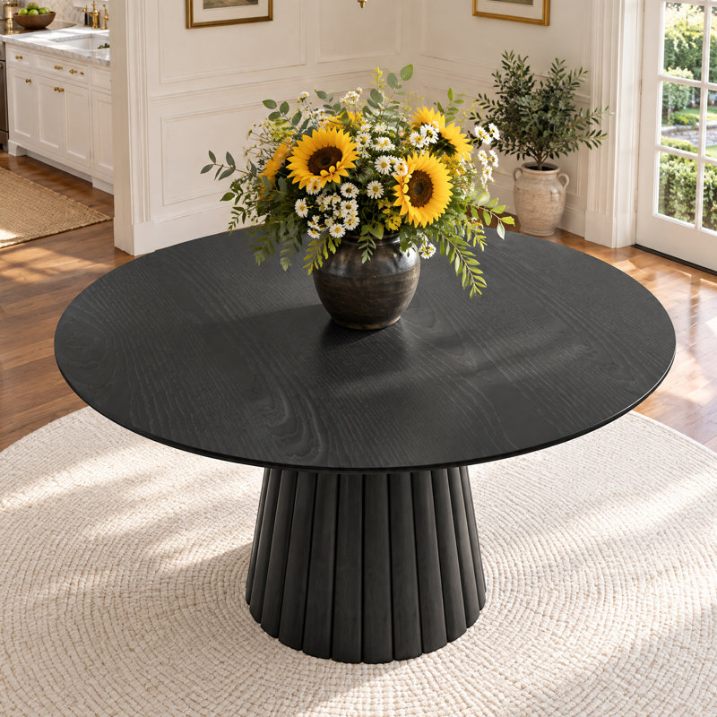 Solid Wood Dining Table Round Pedestal Kitchen Table, 30”H x 60”L x 60”W, Black