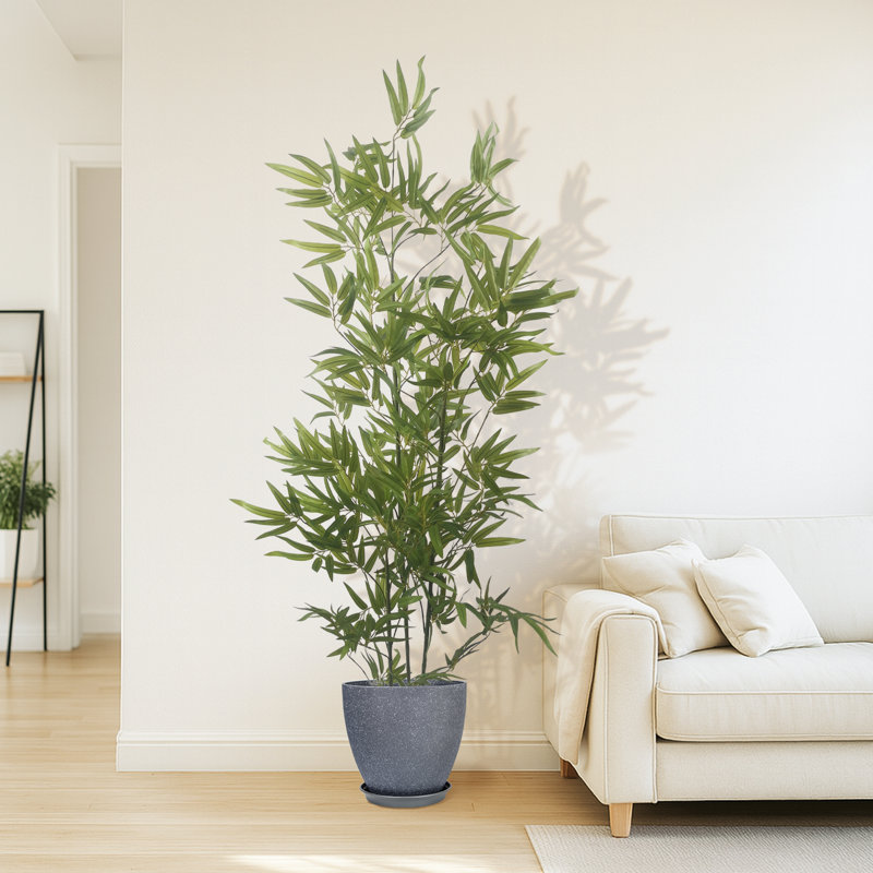 Pots ronds en bambou artificiel et résine avec plateau, Gris foncé, H 15,75 po x l 59,06 po x P 15,75 po