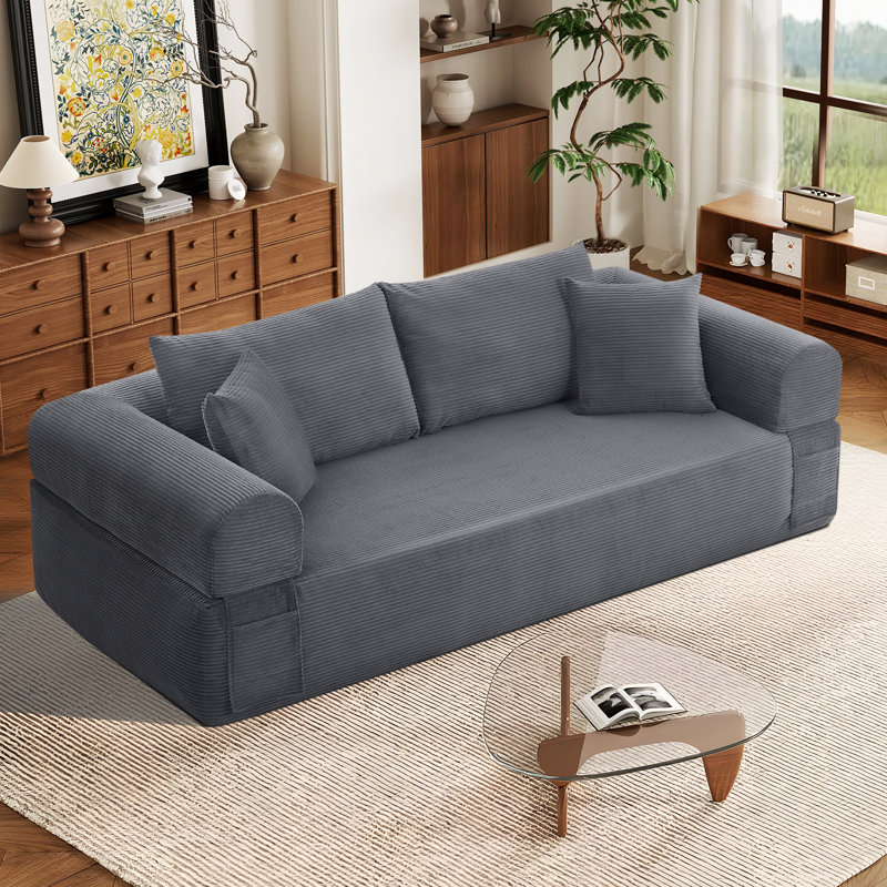 Boneless Modern 3-Seater Sofa with Deep Seat, No Assembly Required, Modern Corduroy Couch with 2 Pillows, Lazy Compression Sofa for Living Room Bedroom, Hybrid Sofa in a Box