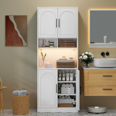 Kitchen Pantry Cabinet with RGB Light Tall Kitchen Hutch Bar Cabinet with Microwave Stand Farmhouse Large Wood Storage Cabinet with Barn Doors 2 Open Shelves Cupboard for Dining Room White