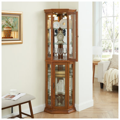 Vitrine de coin lumineuse avec portes en verre trempé - étagère en verre avec finition réglable en chêne et éclairage DEL - Idéal pour les objets de collection et la décoration intérieure