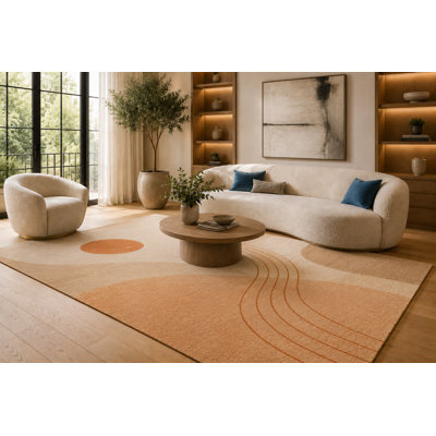 Tapis de forme courbée orange et crème de 6 pi 7 po x 9 pi 10 po «Ultra Léger» pour le salon, tapis doux à poils courts avec envers en silicone antidérapant, décoration de plancher pour la chambre à coucher, la salle à manger et le bureau personnel