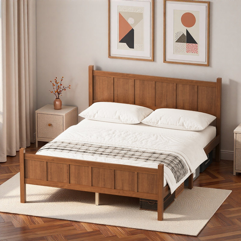 Lit plateforme moderne avec tête de lit et pieds robustes, Noyer clair, Grand lit