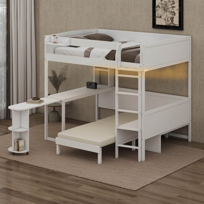 Full Size Loft Bed With Extendable Desk And Lights, Wood Loft Bed Frame With Storage Shelves & Padded Foldable Sofa