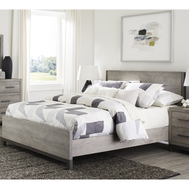 Lit double avec finition grise - Rails et bois moderne idéal pour la chambre à coucher