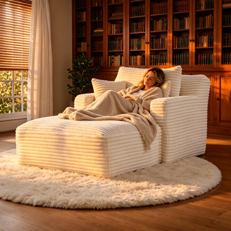  Enn 39.60-Inch White Corduroy Compression Lounge Chair, Sleeper Chair, Free Assembly , White
