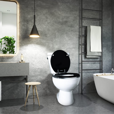 Siège de toilette rond noir en bois naturel avec charnières en alliage de zinc, facile à installer et facile à nettoyer, siège de toilette résistant aux égratignures (rond, noir)