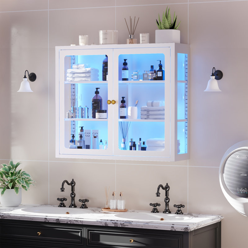 Wall-Mounted 3-Sided Glass Display Metal Cabinet With Double Doors, White