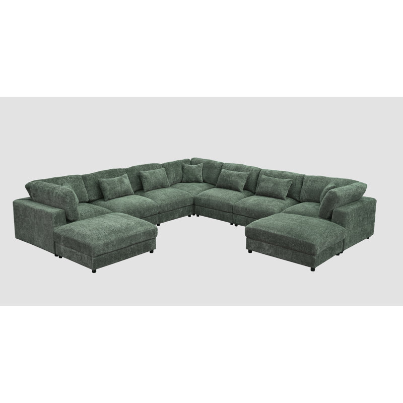 Everden Modular Plush Sectional Sofa, Green Polyester, 33" H x 144" W x 144" D