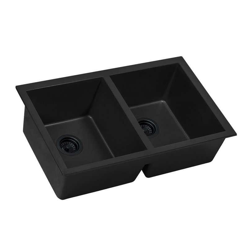 Ruvati 32 x 19 inch Granite Composite Undermount Double Bowl Kitchen Sink, Black