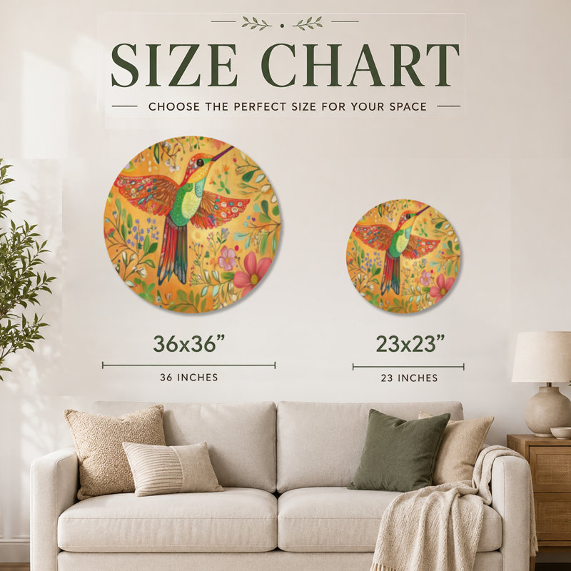 Colibri de floraison mexicaine I - Affiche murale ronde en bois jaune de style bohème, Rond 23 po, Rond