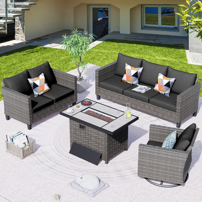 Meriyah Premium All-Weather Wicker 6 - Person Patio Conversation Set with Cushions, Black