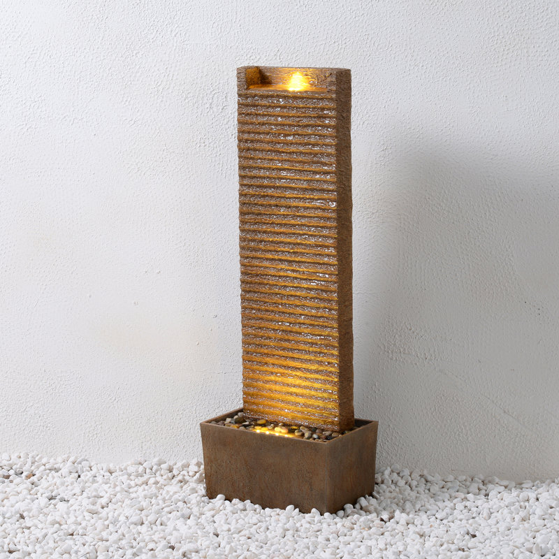 Ridged Texture Outdoor Water Fountain With Warm Glow Lighting, Brown