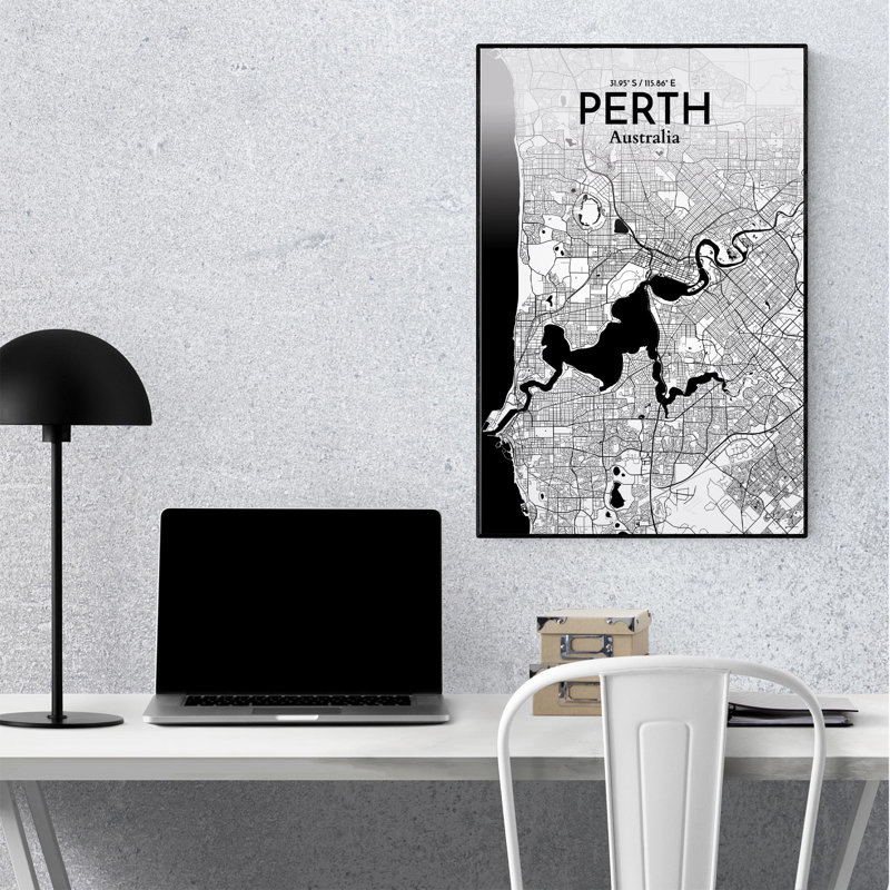 «Perth City Map», impression, Noir / blanc, H 36 po x l 24 po