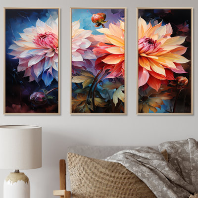 Modern Coral And Blue Dahlia Dreams III - Dahlia Canvas Art Set
