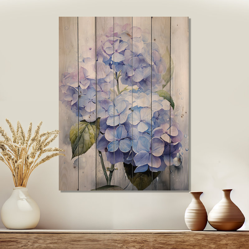 Fleurs d'hortensia éternelles bleues et bleues sur bois, H 32 po x l 24 po x P 0,78 po