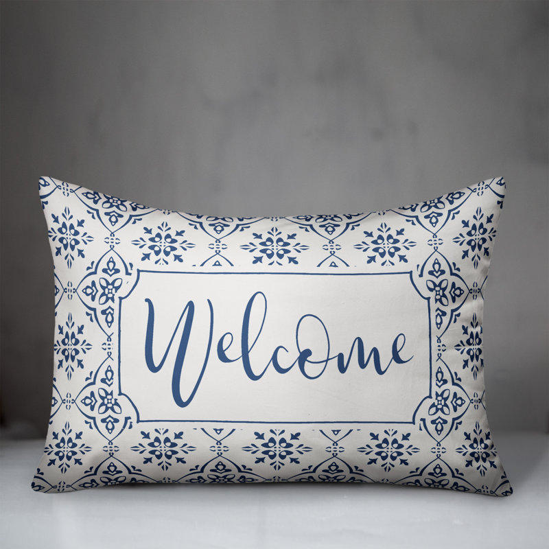 Housse de coussin rectangulaire d'extérieur Alguno Welcome Medallion, Bleu
