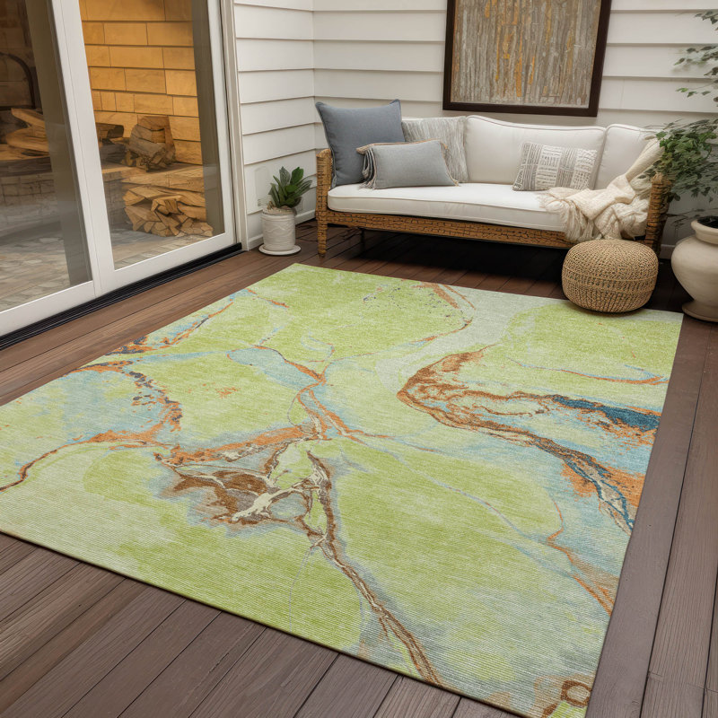 Aloe Green Abstract Washable Synthetic 3' x 5' Rug