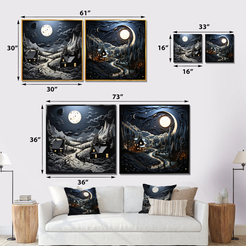 Paysage de grange au clair de lune II "Paysage de grange au clair de lune II" 2 pièces, Toile tendue, H 36 po x l 73 po