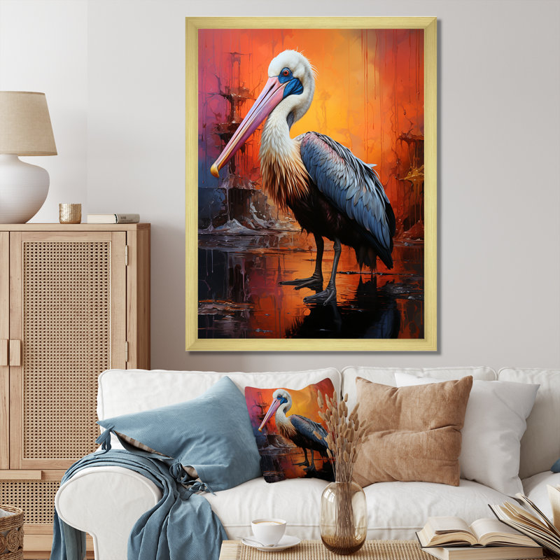 Coucher de soleil sur le rivage, Pélican Harmony V - Art mural pélican, Cadre doré simple, H 44 po x l 34 po x P 1,5 po