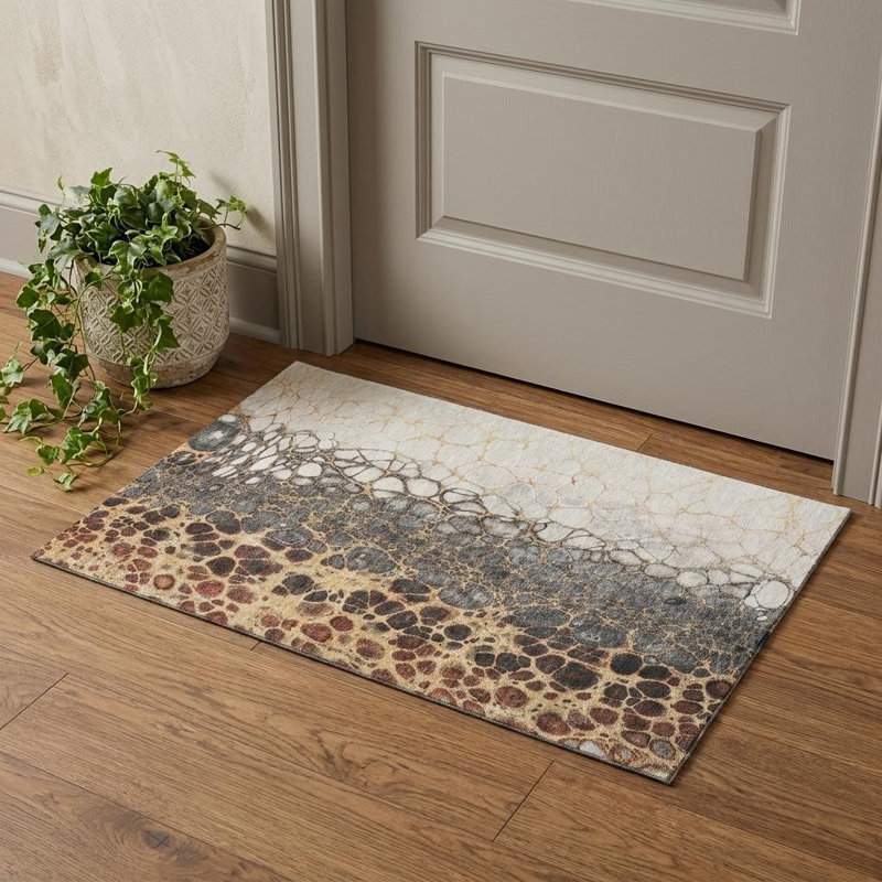 3' X 5' Ivory Gray And Gold Abstract Distressed Washable Area Rug With UV Protection