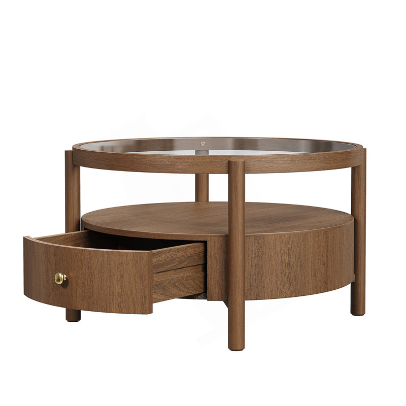 Table basse Mid-Century moderne avec tiroir de rangement et plateau en verre